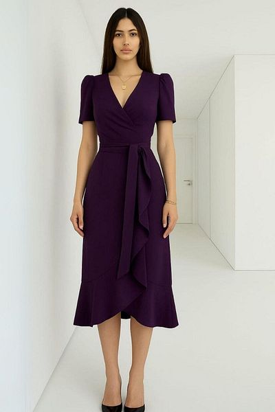Mossta Double Breasted Collar Midi Purple Dress