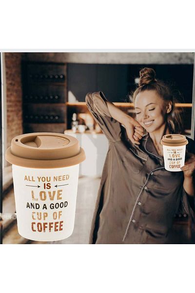 PUFO Cană de călătorie ceramică Love Coffee pentru cafea cu capac din silicon, 280 ml, albă