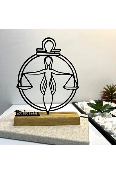 OEM Zodiac decoration "LIBRA" with natural wooden base, 18 cm, black, 3D printed