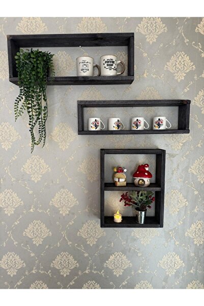 Tooall 3’lü Ahşap Duvar Rafı Seti – Kupa Askılı Yatay & Dikey Raf Takımı, Kah...