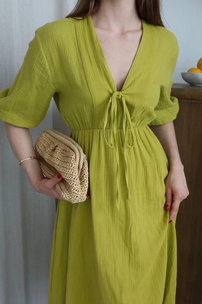 Ekim Store Lace-Up Muslin Degaje Collar Long Dress