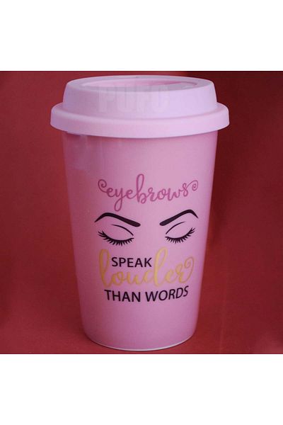 PUFO Ceramic Travel Coffee Mug With Silicone Lid, 415 Ml, Eyebrows Speak Model, Pink