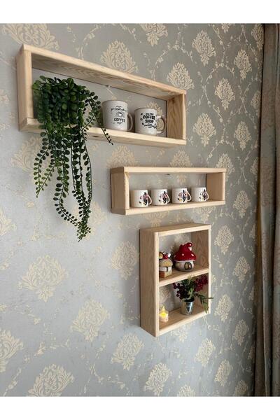 Wooden Factory 3’lü Ahşap Duvar Rafı Seti – Dekoratif Rustik Raf Takımı