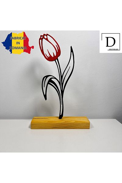 OEM "Tulip" decoration with natural wooden base, 22 cm, red/black, 3D printed