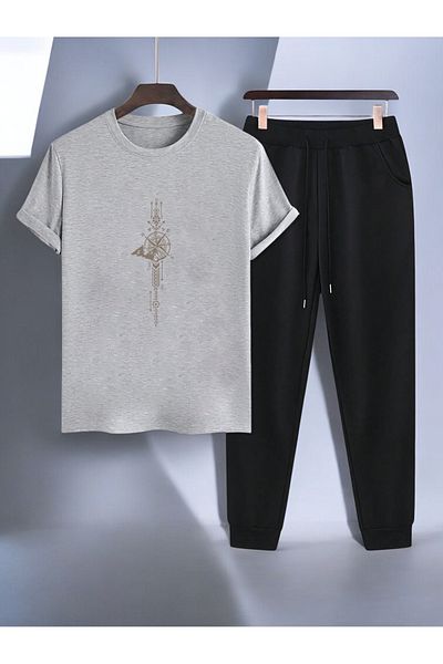 uyguntarz Σετ αθλητική φόρμα μπλουζάκι με στάμπα Unisex Time Compass Design