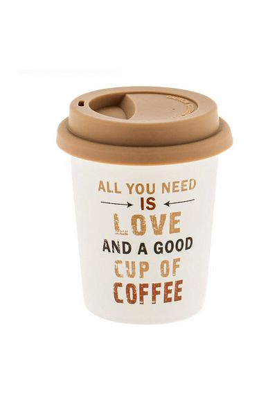 PUFO Cană de călătorie ceramică Love Coffee pentru cafea cu capac din silicon, 280 ml, albă