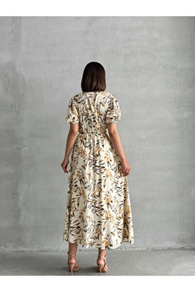 Lusin Γυναικείο κοντομάνικο φόρεμα μίντι με προαιρετικό γιακά μωρού