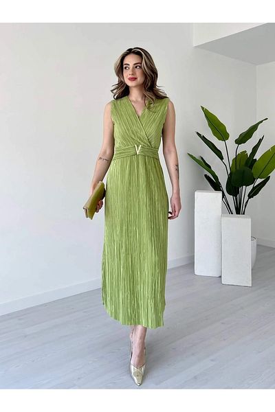 Lusin Γυναικείο καλοκαιρινό φόρεμα με μηδενικό μανίκι πράσινο κομψό με λεπτομέρεια μέσης με διπλό γιακά