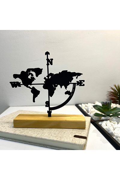 OEM "Global Coordinates" decoration with natural wood base, 14.5 cm, black, 3D printed