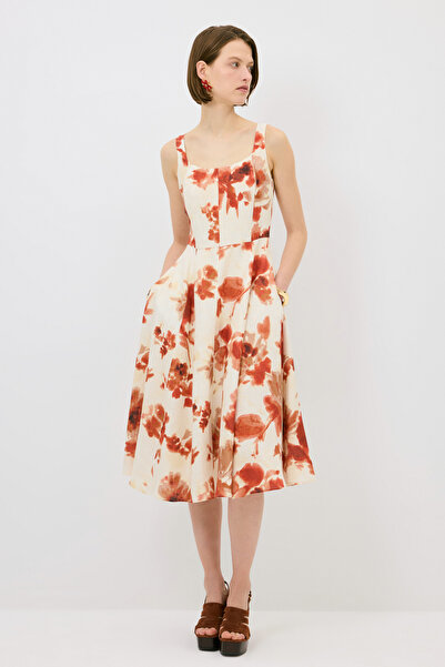 adL Askılı Desenli Midi Elbise