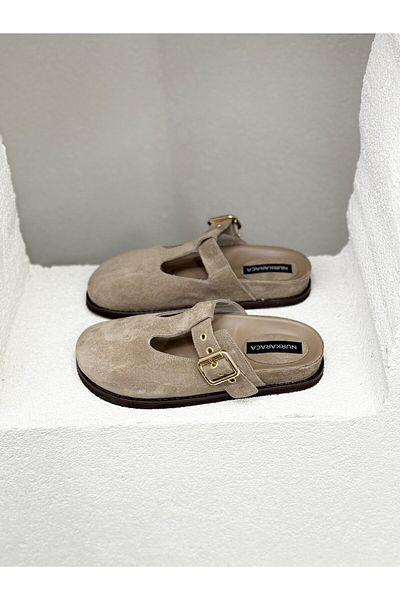 NUR KARACA 25Y9137 Closed Front Khaki Leather Flat Sole Slippers for Women