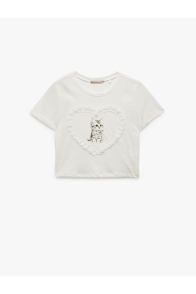 Koton Cotton Short Sleeve Crew Neck Lace Detail Heart Cat Printed Short T-Shirt Pajama Top