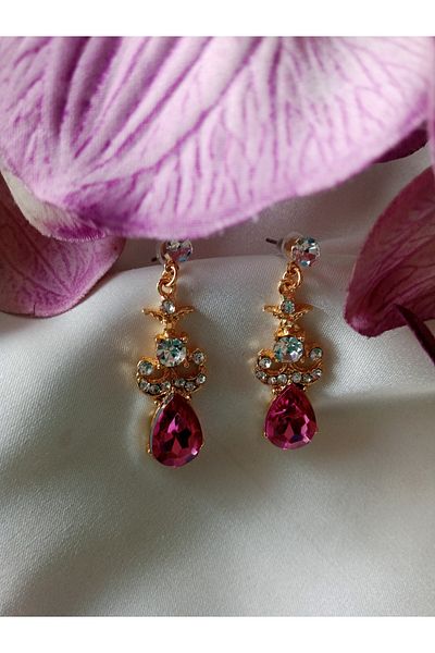 Pervin Ablacım Gold Dangle Steel Earrings with Pink Stones
