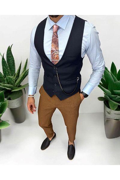 dehaine Men's suit, jacket with pants, plain, navy blue, 13209