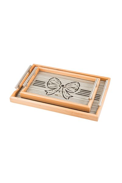 casa rosa Wooden tray set of 2 pieces , with Decorative floor and clear acrylic insulating layer