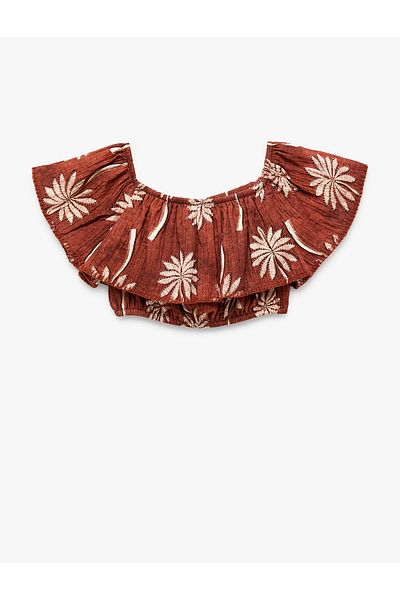 Koton Cotton Boat Neck Sleeveless Flounced Crop Blouse