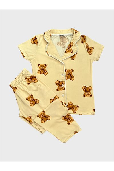 ALİŞ KİDS Girl's 100% Cotton Beige Teddy Bear Patterned Shirt Collar Buttoned Short Sleeve Pajama Set