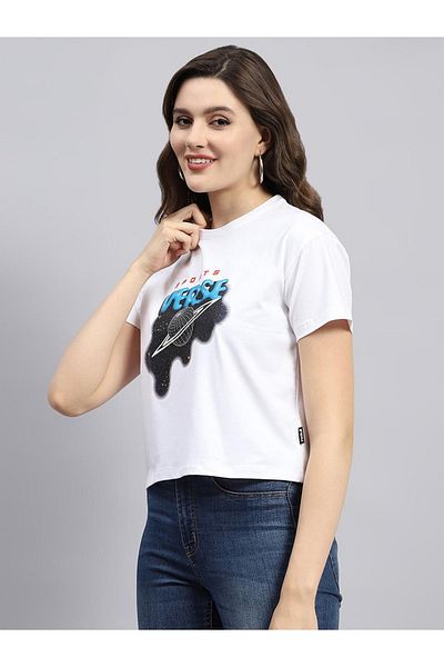 Rock.it By Styli Women White Graphic Printed Round Neck Top