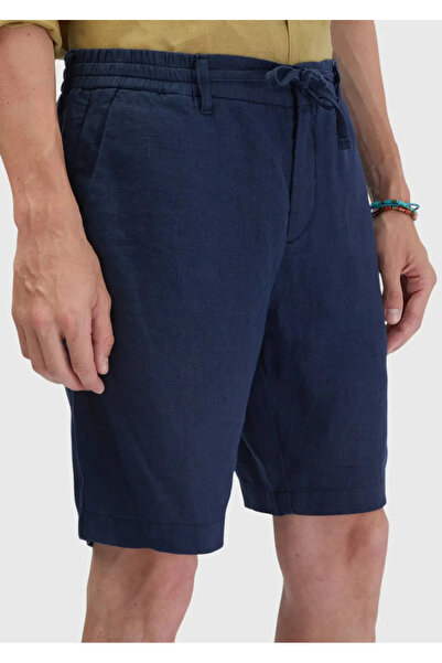 Ramsey Navy Blue Plain Woven Carrot Fit Casual 100% Linen Bermuda