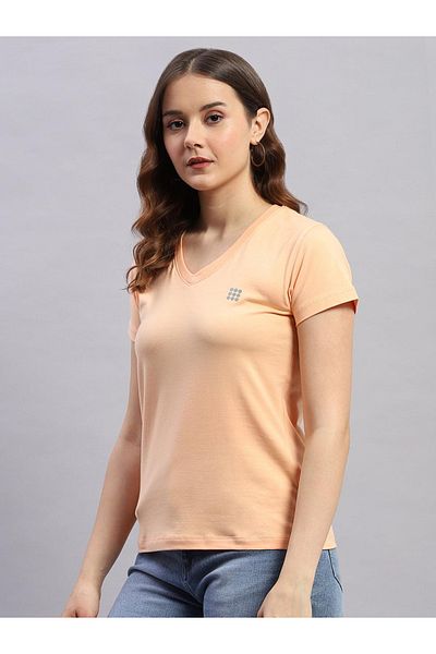 Rock.it By Styli Women Peach Solid V Neck Short Sleeve Top
