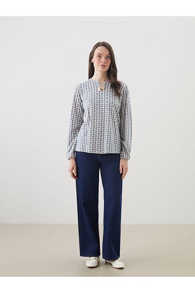 LC Waikiki Grace Navy Blue Tie Collar Patterned Women's Blouse