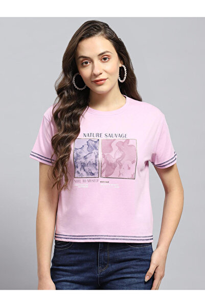 Monte Carlo By Styli بلوزة نسائية وردية اللون بطبعة جرافيكية ورقبة دائرية