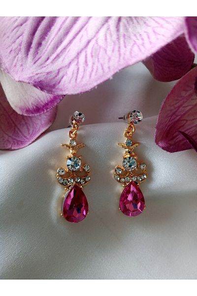 Pervin Ablacım Gold Dangle Steel Earrings with Pink Stones