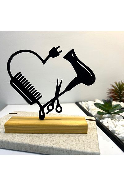 OEM "Stylist's Heart" decoration with natural wood base, 14 cm, black, 3D printed
