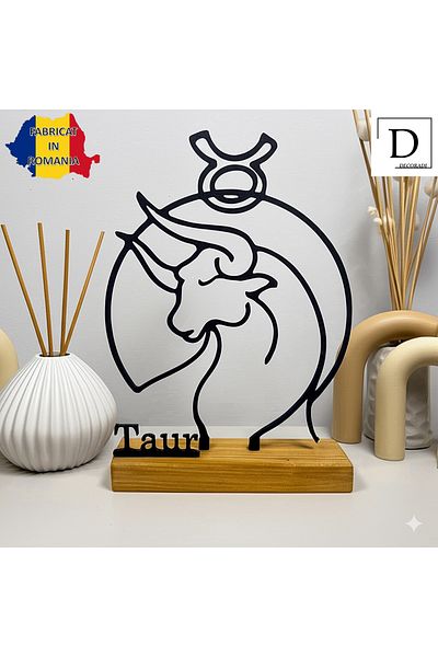 OEM Zodiac decoration "TAURUS" with natural wooden base, 19.5 cm, black, 3D printed