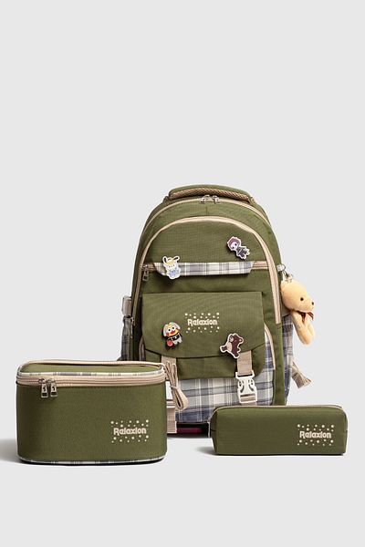 Relaxion Rlx-1396 Set de 3 geanți pentru școală primară pentru copii, cu suport pentru creion și cutie de prânz, rucsac VERDE