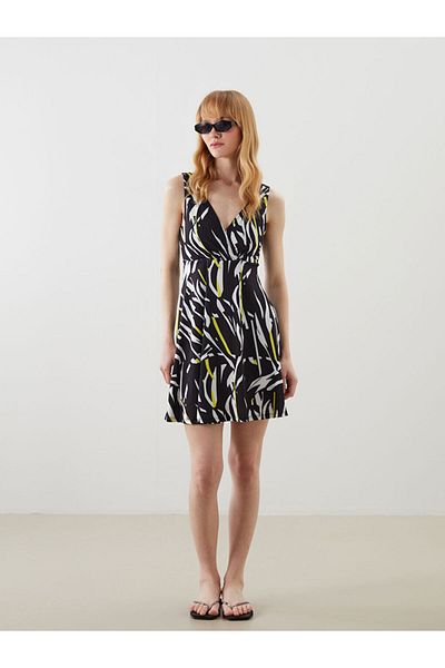 LC Waikiki Black V-Neck Patterned Women's Skirted Swimsuit