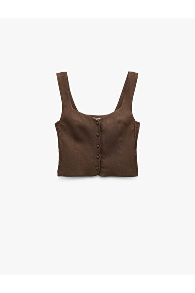 Koton Λινό Crop Μπλούζα με Κουμπιά και Λουράκι