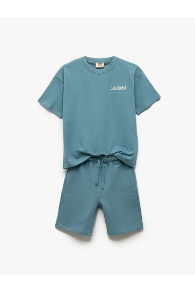 Koton Cotton Crew Neck Short Sleeve Embroidered Top with Lace-Up Waist Shorts Set of Two