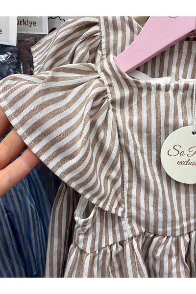 So Pearl Short Sleeves, Body Ruffled Sleeves, Back Size Zipper, Striped Summer Fabric, Girl's Dress