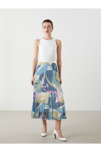 LC Waikiki Blue Elastic Waist Patterned Chiffon Women's Pleated Skirt