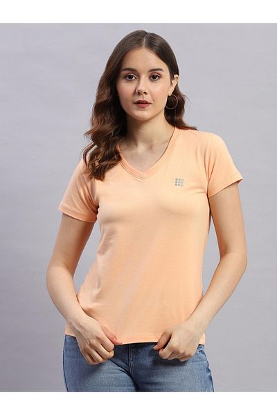 Rock.it By Styli Women Peach Solid V Neck Short Sleeve Top