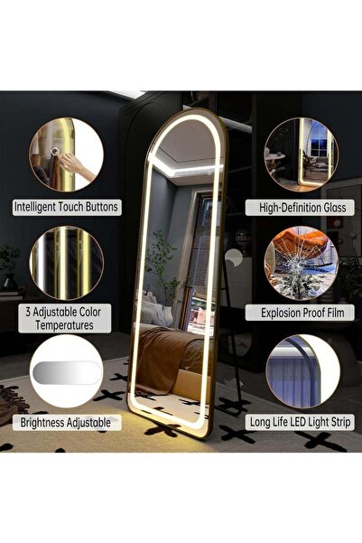 Taimi Large Mirror With Elegant Design,160x50cm,With Front Lighting,Black Metal Frame And Back Stand