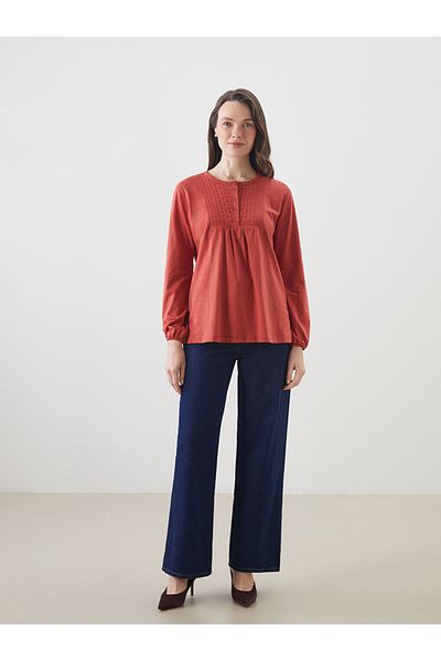 LC Waikiki Grace Orange Crew Neck Embroidered Blouse