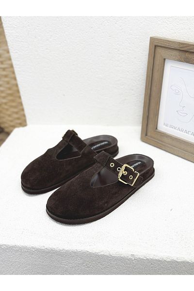 NUR KARACA 25Y9137 Closed Front Khaki Leather Flat Sole Slippers for Women