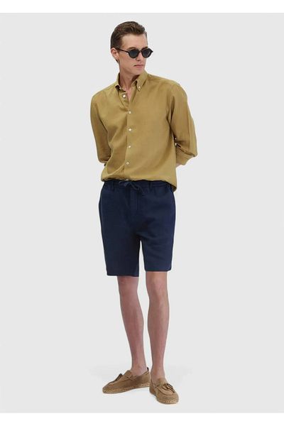 Ramsey Μπλε Navy Plain Woven Casual 100% λινό βερμούδα