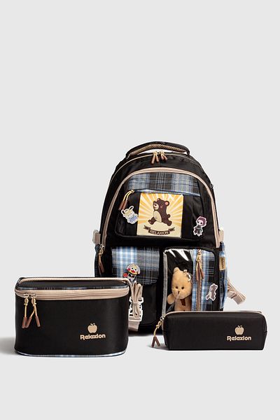 Relaxion Rlx-1395 Set of 3 Children's Primary School Bag Backpack with Pen Holder and Lunch Bag Black
