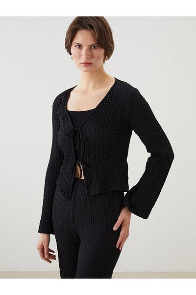 LC Waikiki New Black V-Neck Textured Women's Cardigan