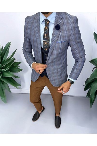 dehaine Men's suit, jacket, pants, vest, plaid, blue, 13206
