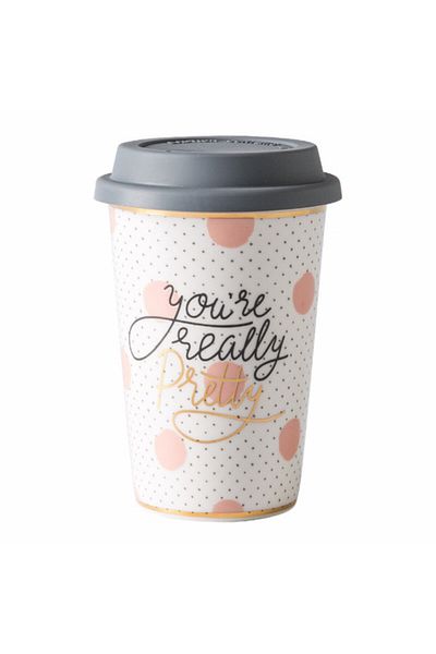 PUFO Cană de cafea ceramică de călătorie cu capac din silicon, 415 ml, model You're Pretty