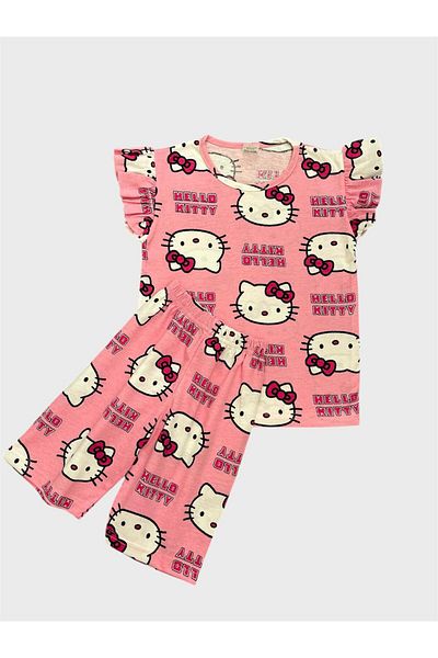 ALİŞ KİDS Girls' Cotton Pink Hello Kitty Patterned Short Sleeve Shorts Summer Pajamas Set