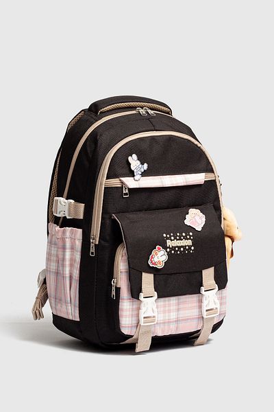 Fiyaka Rlx-1396 Set of 3 Children's Primary School Bag Backpack with Pen Holder and Lunch Bag Black Pink