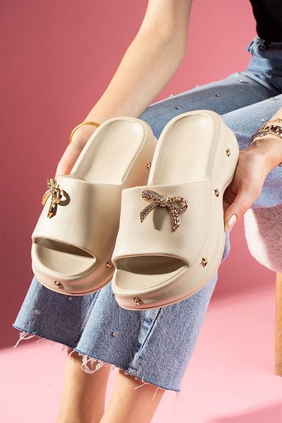 FUGA MODA Sofina Beige Polyurethane Wet Floor Slippers with Gold Bow Detail and Star Accessories