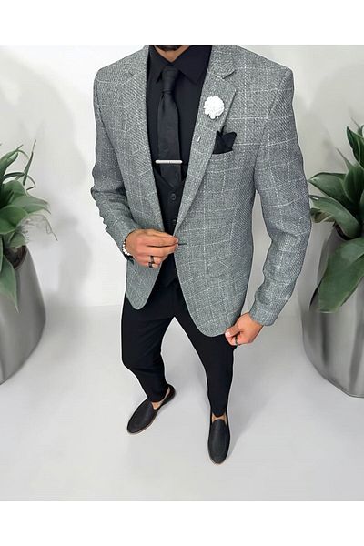 dehaine Men's suit, jacket, pants, vest, plaid, gray, 13203