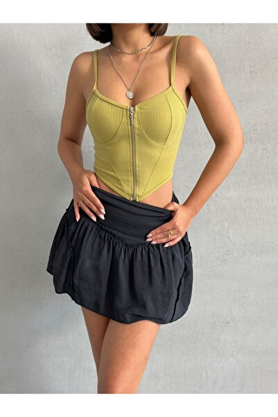 Miss Prova Zippered Strap Ribbed Blouse Missblz8090