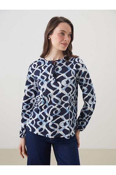 LC Waikiki Grace Navy Blue Tie Collar Patterned Women's Blouse